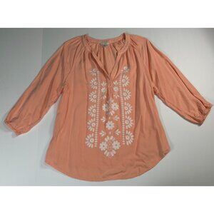 Garnet Hill Women’s Blouse Peach Embroidered Floral V Neck 3/4 Sleeve M